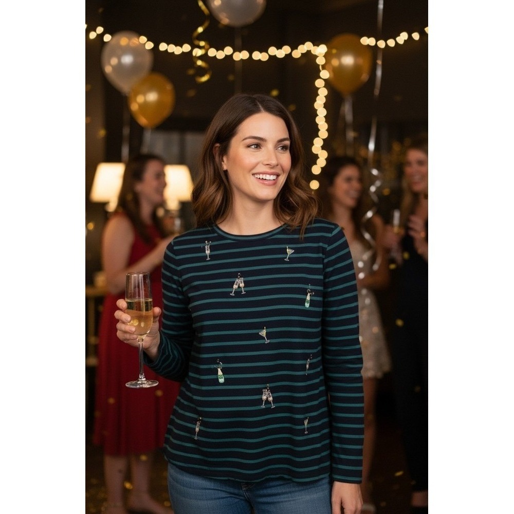 Talbots Petite PXL Striped Boat Neck Tee Cocktail Embroidered Long Sleeve Top
